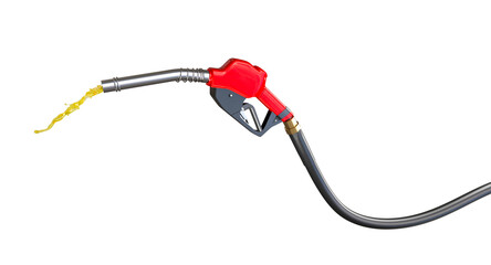 Fuel nozzle with spilling gasoline on white background - 787372425