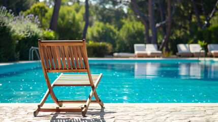 A wooden garden deckchair standing by the pool