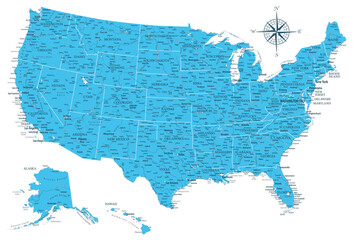 United States - Highly Detailed Blue Colored Vector Map of the USA. Ideally for the Print Posters.