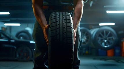 car tire shop and service  mechanic holding new tyre on garage background copy space : Generative AI
