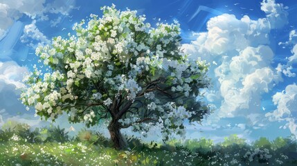 Obraz premium A tree that grows in nature Full of white flowers and green leaves. The sky above was blue and there were some clouds floating around