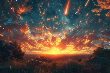 Meteor shower over a mountain landscape with glowing trails against a twilight sky - obrazy, fototapety, plakaty