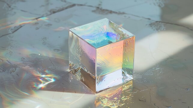A small square of water that is covered by rainbow luster, in the style of made of wire, split toning