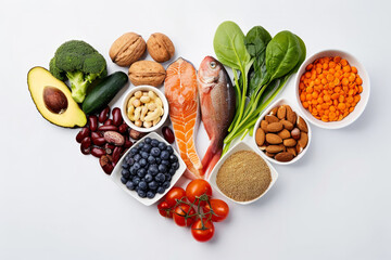 An assortment of healthful foods arranged into a checkmark, symbolizing approval for nutritious, organic options including fruits, vegetables, nuts, fish, and legumes