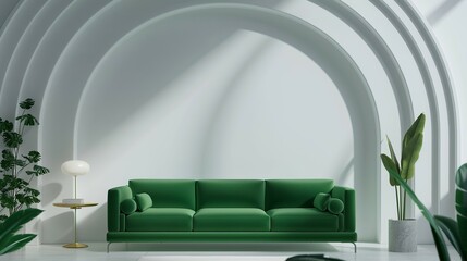 Frame mock-up, green sofa, white wall domed modern interior background
