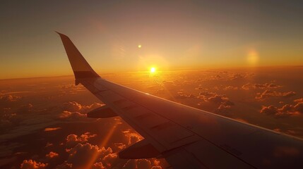 Obraz premium Airplane Wings: A photo of an airplane wing illuminated by the setting sun