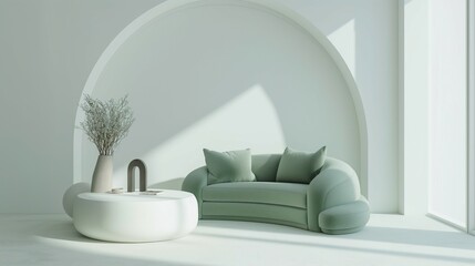 Frame mock-up, green sofa, white wall domed modern interior background