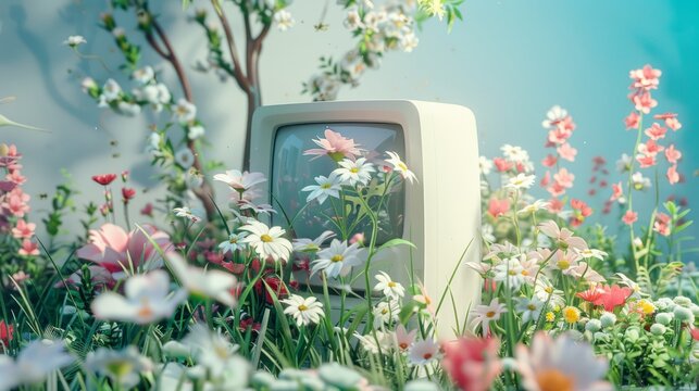 Flowers grew out of a white computer, surrounded by flowers and grass in the style of cinema4d rendering and in the style of clay sculpture
