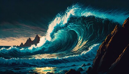 大波が押し寄せる嵐の夜の海_01
