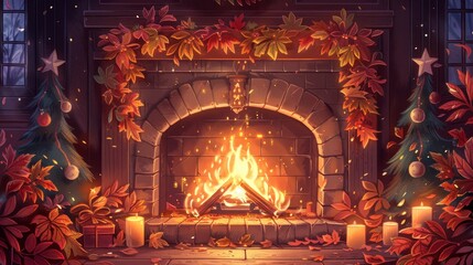 An illustration of a cozy fireplace with a crackling fire