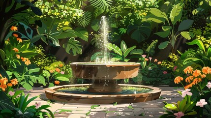 An illustration of a peaceful meditation garden with a tranquil fountain