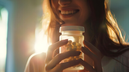 Happy young caucasian woman holding bottle of dietary supplements or vitamins in her hands Close up Healthy lifestyle concept : Generative AI - obrazy, fototapety, plakaty