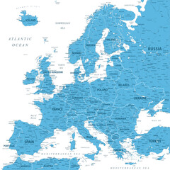 Europe - Highly Detailed Blue Colored Vector Map of the Europe. Ideally for the Print Posters - obrazy, fototapety, plakaty