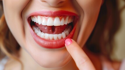 Woman gestures towards her teeth with her finger, happy with her smile - obrazy, fototapety, plakaty