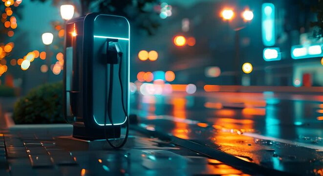 Electric vehicle charging station with a futuristic design, emphasizing zero-emission transportation, blurred urban background