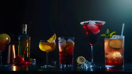 Cocktails assortment served on dark background Classic drink menu concept Copy space panorama :...
