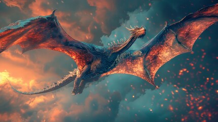 Dragon Wings: A photo of a majestic dragon with iridescent scales and shimmering wings - obrazy, fototapety, plakaty
