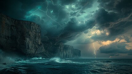 Dramatic Landscapes: A photo of a coastal scene with towering cliffs and turbulent sea under a stormy sky - obrazy, fototapety, plakaty