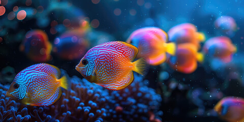 Closeup of an orange and blue tropical fish swimming among coral reefs in the sea, capturing its vibrant colors and unique patterns. Created with Ai