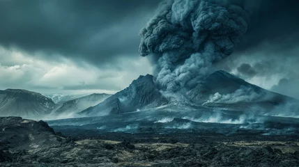 Fotobehang Dramatic Landscapes: A photo of a dramatic volcanic landscape with an active volcano erupting © MAY