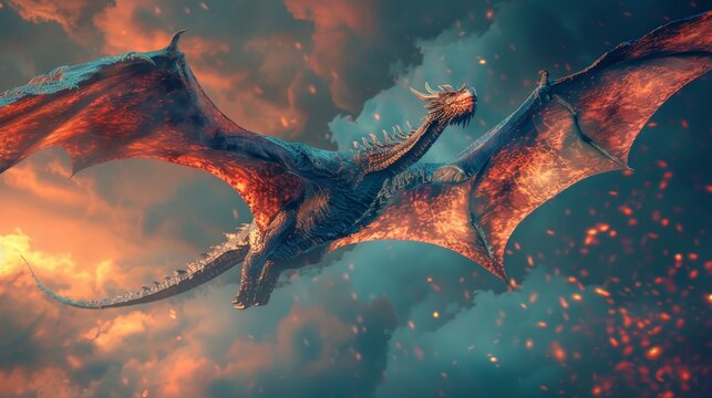 Dragon Wings: A photo of a majestic dragon with iridescent scales and shimmering wings