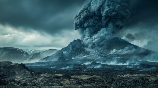 Dramatic Landscapes: A photo of a dramatic volcanic landscape with an active volcano erupting