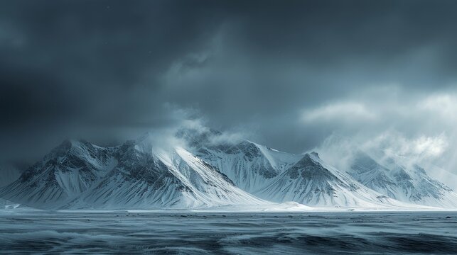 Dramatic Landscapes: A photo of a dramatic winter landscape with snow-covered mountains and dark storm clouds