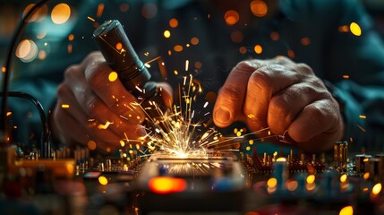 Electric Spark: A photo of an electrical engineer testing a circuit with a multimeter - obrazy, fototapety, plakaty