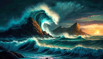 大波が押し寄せる嵐の夜の海_02