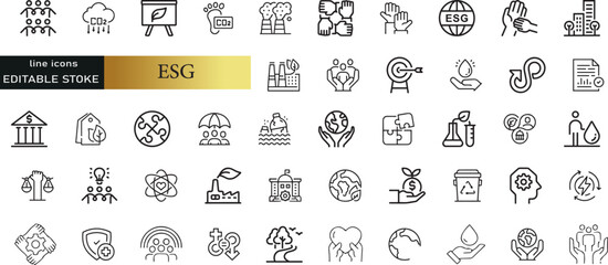 ESG Enviornmental, Social, and Governance line icons set. ESG outline icons with editable stroke collection. Includes Governance, climate crisis, sustainability, ecology,