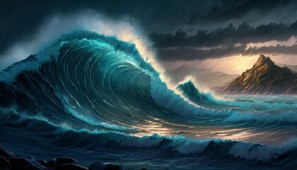 大波が押し寄せる嵐の夜の海_03