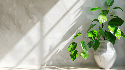 Fresh summer interior with green leaves in sun light with shadow on white marble tile wall wood table copy space vertical : Generative AI