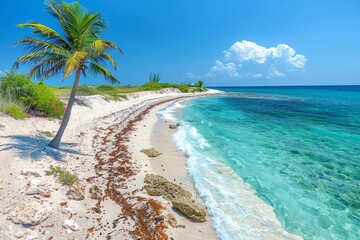 Palm Tree on Beach With Clear Blue Water