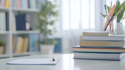 Cropped shot of white table with books stationery and copy space in blurred study room : Generative AI