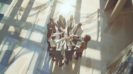 High angle view of a team of united businesspeople standing with their hands together in a huddle in the lobby of a modern office building : Generative AI - Powered by Adobe