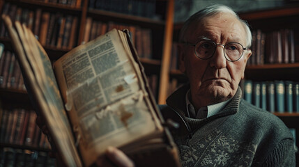 .an elderly man with an old book in his hands