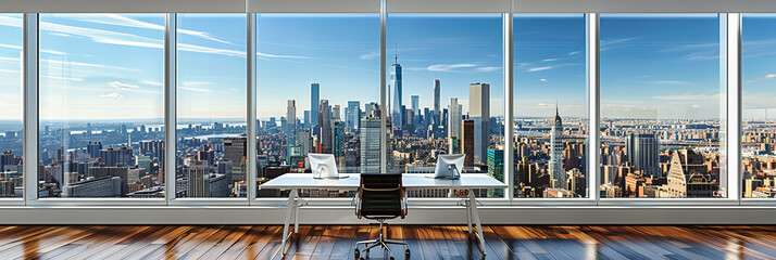 Fototapeta na wymiar High-Rise Office with Panoramic City Views, Modern Interior Design with Sleek Furniture, Corporate Atmosphere