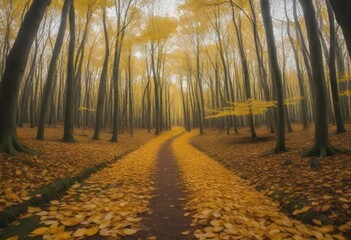 A forest in autumn with a path covered in fallen yellow leaves and trees with yellow and orange foliage