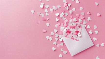 love letter envelope overflowing with paper craft hearts  flat lay on pink valentines or anniversary background with copy space : Generative AI