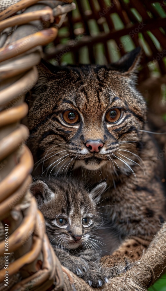 Poster geoffroy s cat and kitten portrait with ample space for text, object on the side
