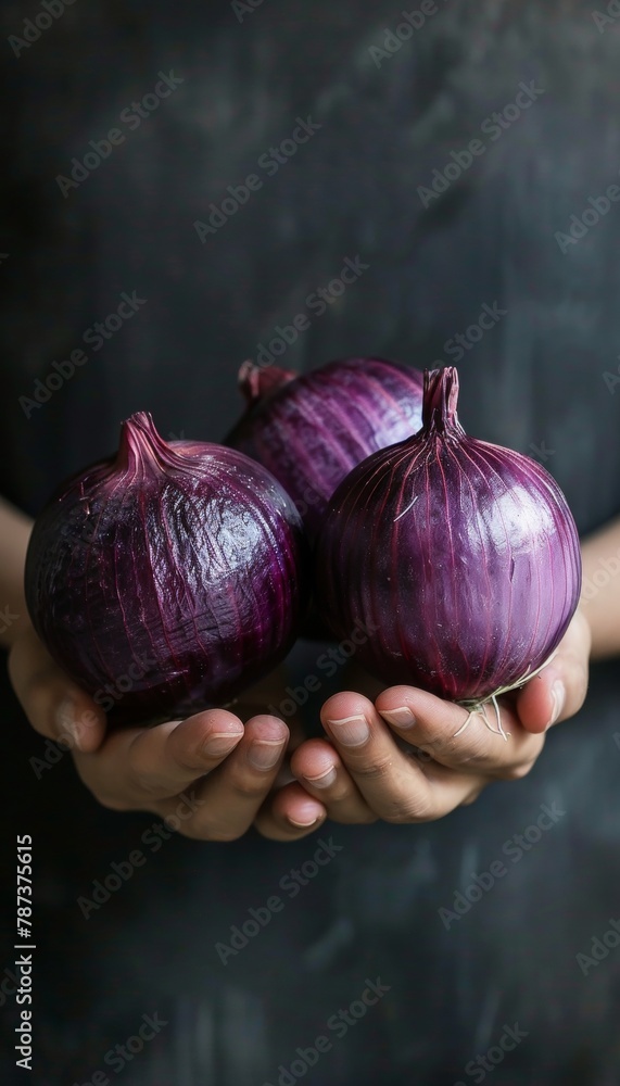 Poster hand holding red onion with blurred onion selection background for text placement