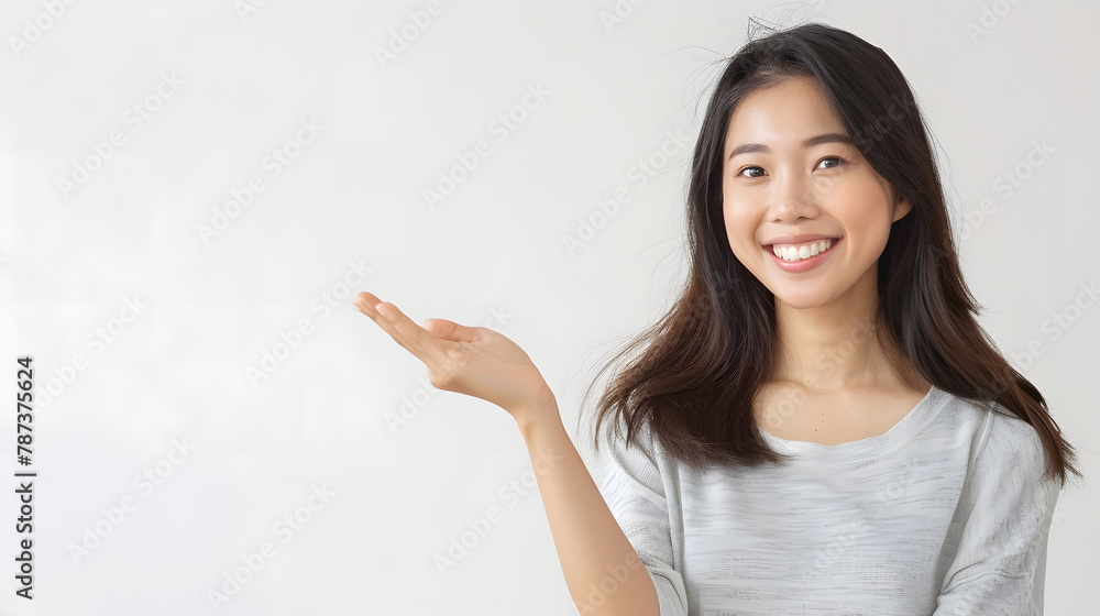 Poster happy asian woman presenting or showing open hand palm with copy space for product on white backgrou