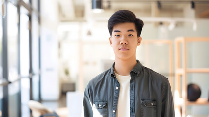 Young asian man stands confidently in a bright office space with copy space his casual attire suggests a relaxed work environment or creative industry setting : Generative AI