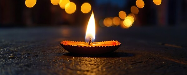 Happy Diwali - Lit diya lamp on street at night. Happy Diwali festival with oil lamp, Diwali...