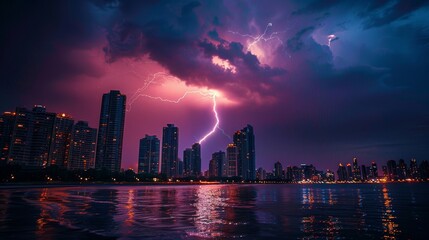 Lightning Strike: A photograph showing a lightning bolt striking a tall building in a city skyline during a thunderstorm