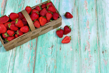 A basket of ripe strawberries on a turquoise shabby wooden board.