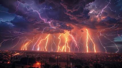 Lightning Strike: An image capturing multiple lightning bolts branching across the sky - obrazy, fototapety, plakaty