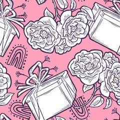 Gift box, ribbon and flowers seamless pattern for wrapping present with bow, party celebration, sale promotion, Textile print, fabric design, banner background. Hand drawn illustration cartoon style.