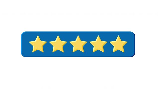 Five star review and rating - Flat design animation showing customer satisfaction and high quality ranking with 5 yellow golden stars on blue sign. Animated vector with transparent alpha channel