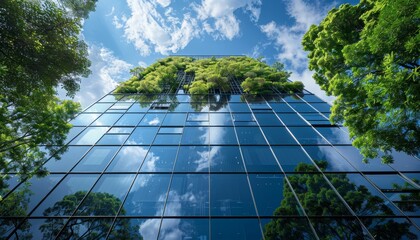 A tall building with a lot of glass windows and trees in the background by AI generated image